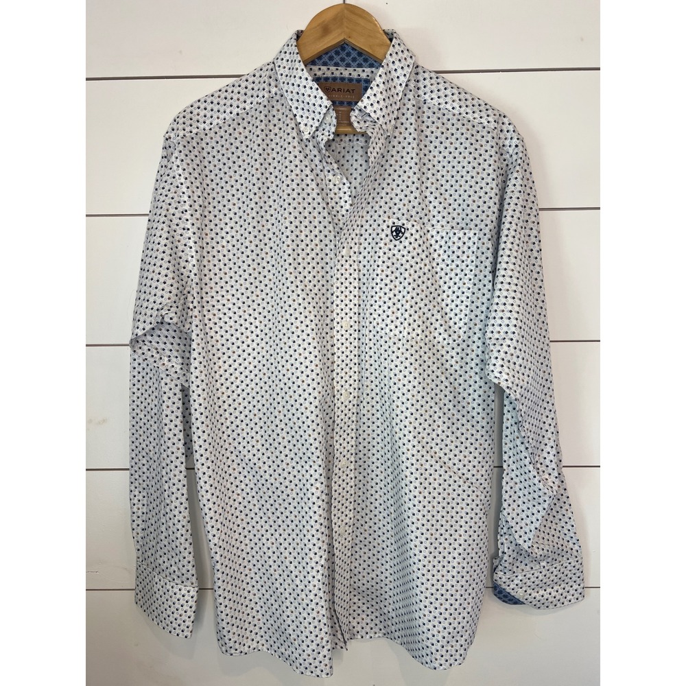 Ariat Mens Wrinkle Free Button Down Shirt White Geometric Size M Cowboy western
